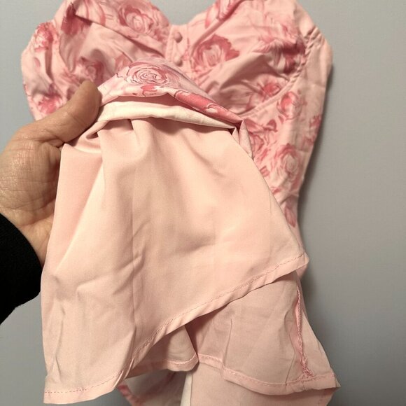 SHEIN Women's Mini Dress Medium Light Pink Roses Bustier Strappy Rutched Floral - Picture 7 of 8